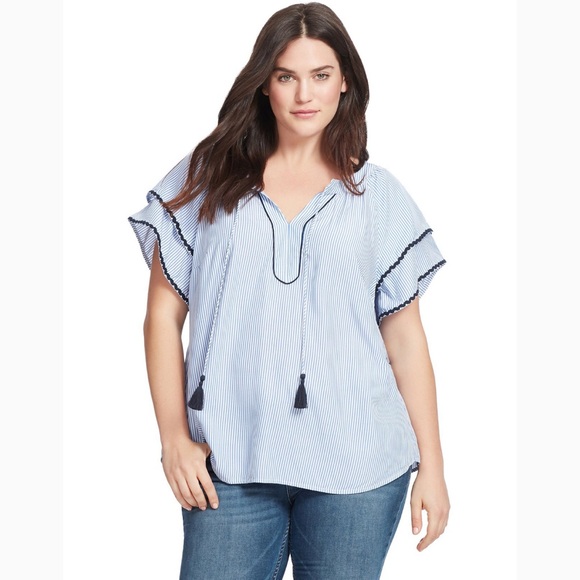 LOFT Tops - Striped Tassel Tie Flutter Sleeve Top - Light Blue